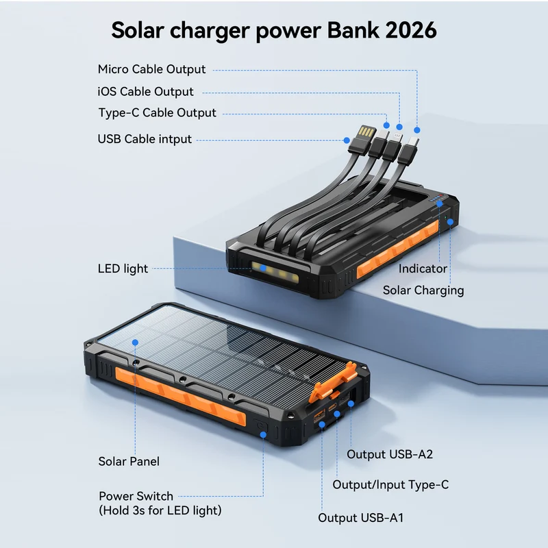 Solar Powerbank mit multifunktionalem Anschlusssystem und Schnellladefunktion Skanto