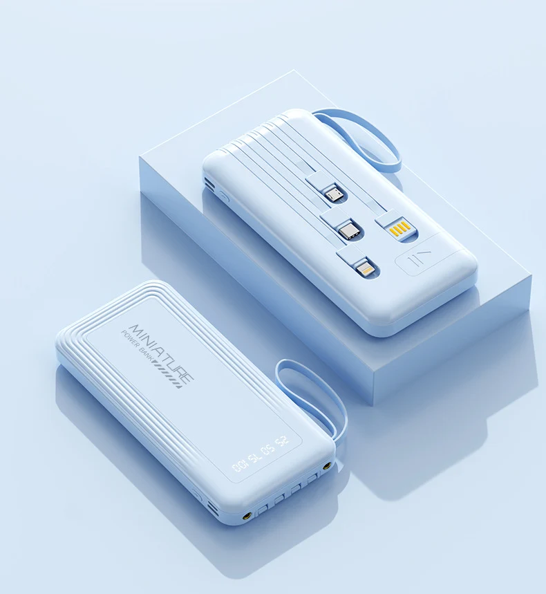Kompakte Powerbank mit integrierten Kabeln und digitaler Ladeanzeige Skanto