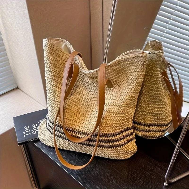 Moderne Stroh- und Ledertasche Skanto