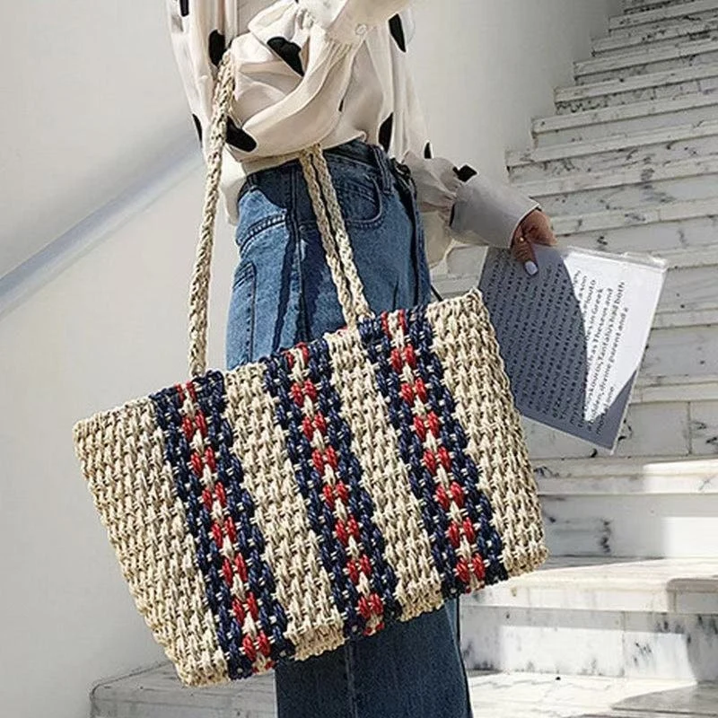 Hochwertige Naturstrohtasche mit bunten Streifen Skanto