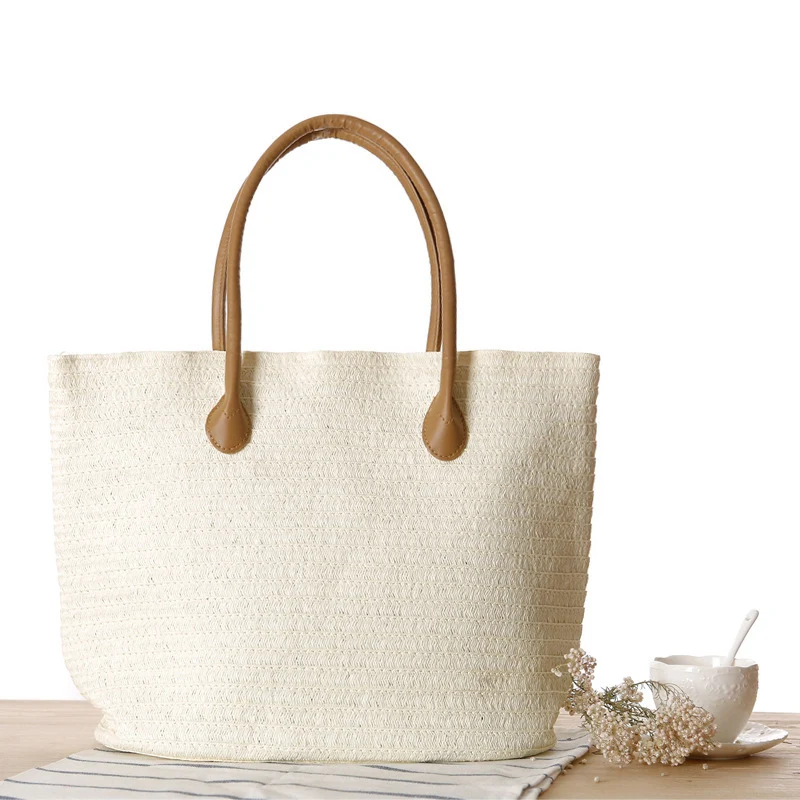 Geräumiger Stroh-Shopper mit Ledergriffen Skanto