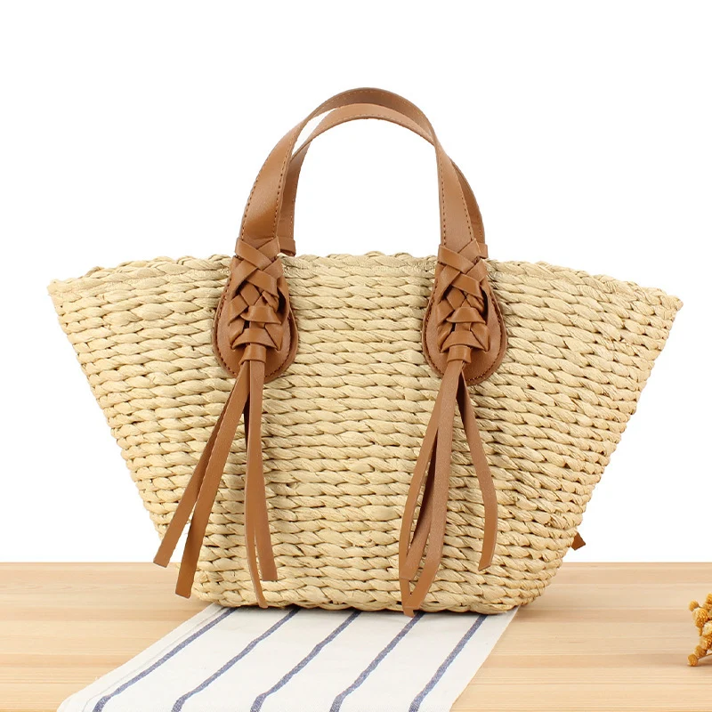 Geflochtene Strandtasche mit Ledergriff Skanto