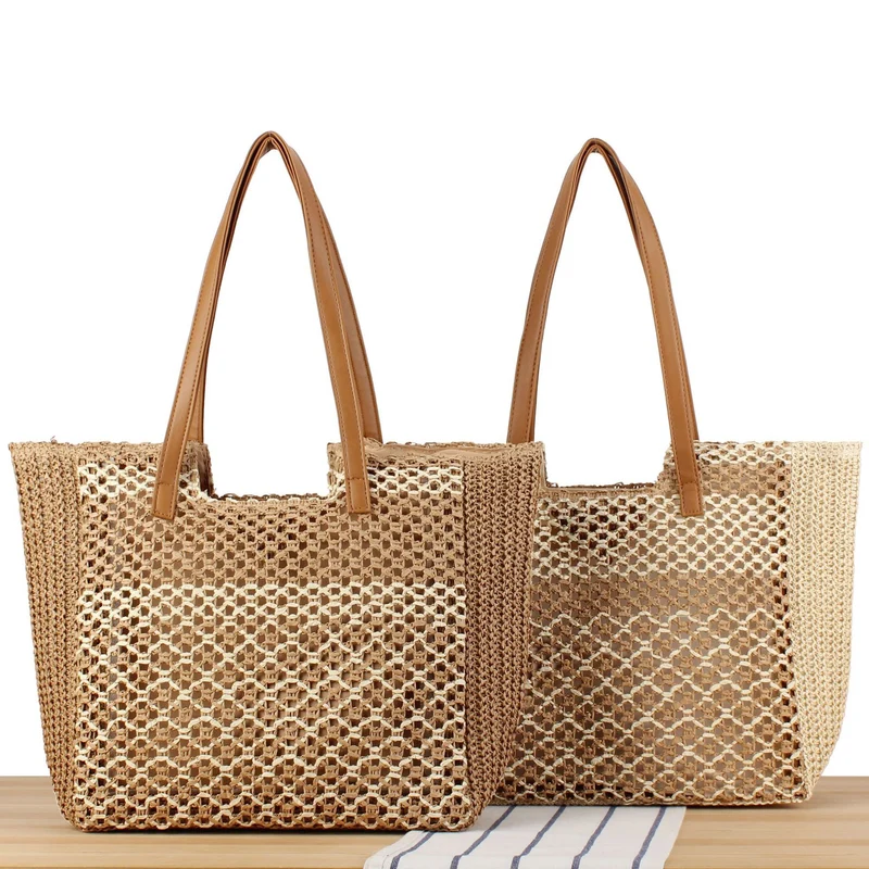 Tote Bag aus geflochtenem Naturmaterial mit eleganten Ledergriffen Skanto