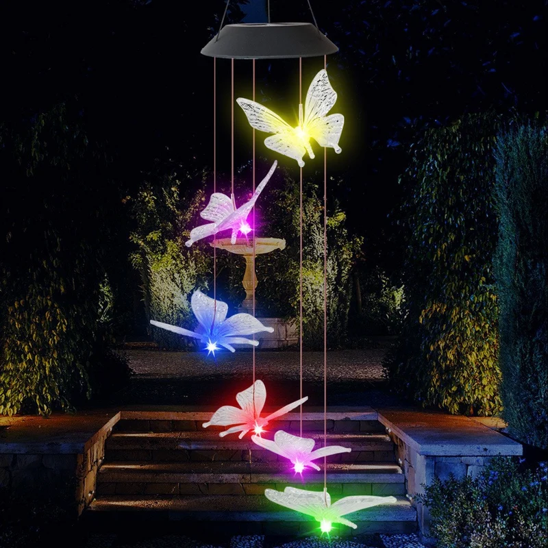 Solarbetriebenes hängendes Kolibri-LED-Windspiel mit farbwechselnden RGB-Acrylvögeln und wetterfestem Oberteil Skanto