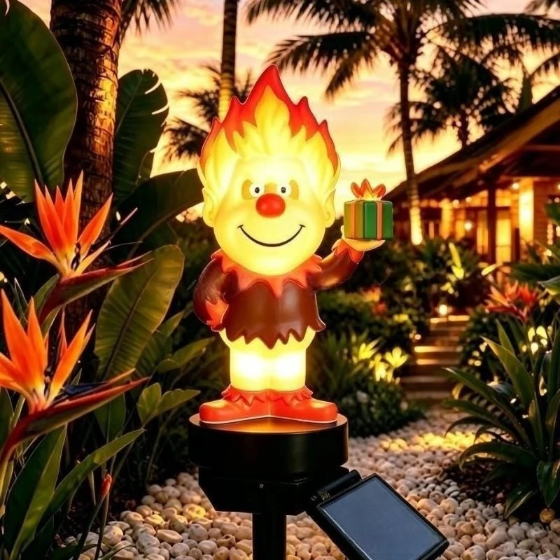 Solarbetriebene Cartoon-Flammenfigur-Gartensteckerleuchte mit Acryldiffusor und verstellbarem Erdspieß Skanto