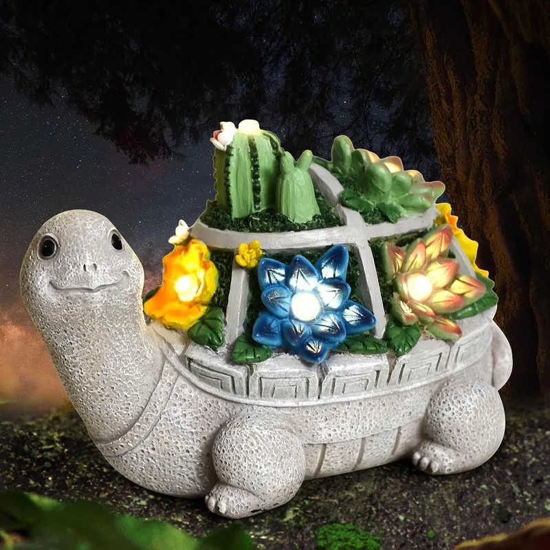 Solar-Schildkröten-Sukkulenten-Pflanzgefäß mit LED-Leuchten, strukturierte Harz-Gartenstatue Skanto