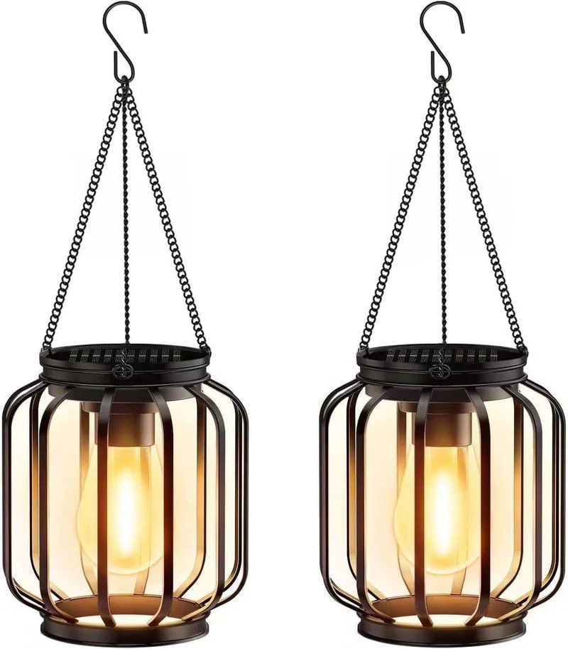 Solar-Hängeleuchten für den Außenbereich mit Vintage-LED-Glühfadenbirne und Metallkäfig, wasserdichte Pendelleuchte Skanto