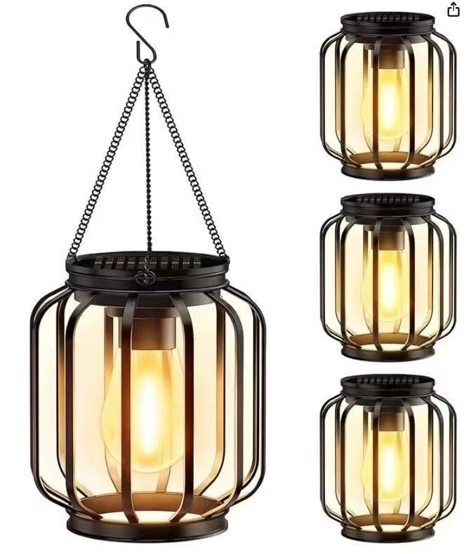 Solar-Hängeleuchten für den Außenbereich mit Vintage-LED-Glühfadenbirne und Metallkäfig, wasserdichte Pendelleuchte Skanto