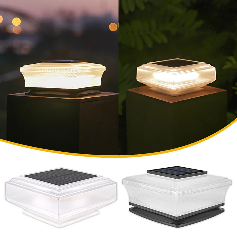 Flache solarbetriebene quadratische Terrassen- und Zaunpfostenkappenleuchte mit mattiertem Diffusor und integriertem Solarpanel Skanto