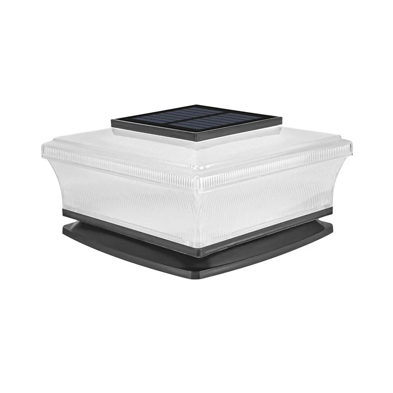 Flache solarbetriebene quadratische Terrassen- und Zaunpfostenkappenleuchte mit mattiertem Diffusor und integriertem Solarpanel Skanto