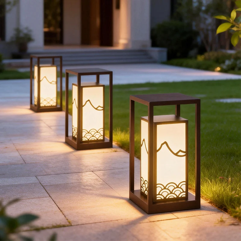 Japanisch inspirierte LED-Außenlaterne mit Holzrahmen Skanto