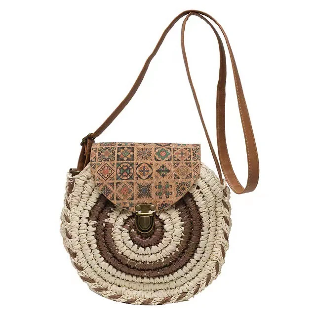 Runde Strohtasche mit verstellbarem Lederriemen Skanto