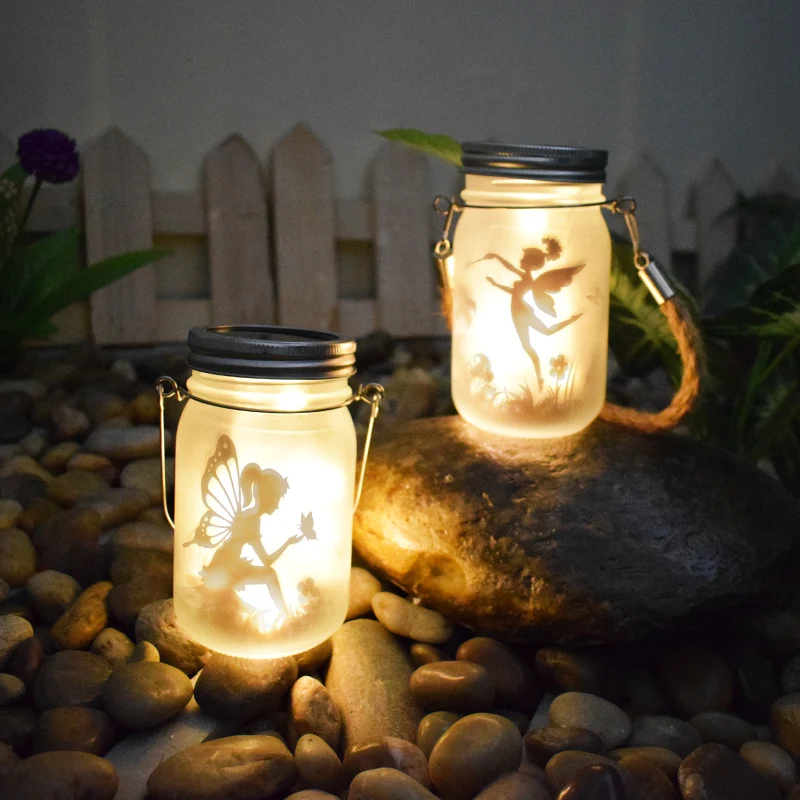 Hängende mattierte Mason Jar Solar-LED-Feen-Silhouette-Laterne mit Seilgriff und dynamischer LED-Lichterkette Skanto