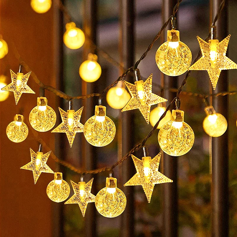 Dekorative warme LED-Stern- und Crackle-Kugel-Lichterkette mit wasserdichtem Netzteil Skanto