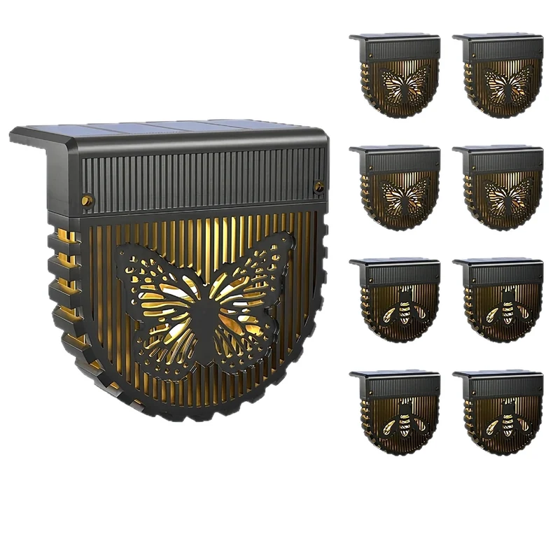 Dekorative solarbetriebene Außenwandleuchten mit lasergeschnittenen Insekten- und Blumenpaneelen und warmer LED-Atmosphäre Skanto