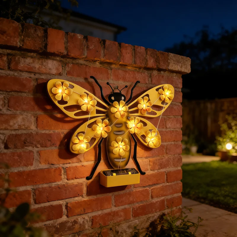 Dekorative Solar-LED-Bienen-Wandskulptur mit Blumen-Lichterkette und Metallhalterung Skanto