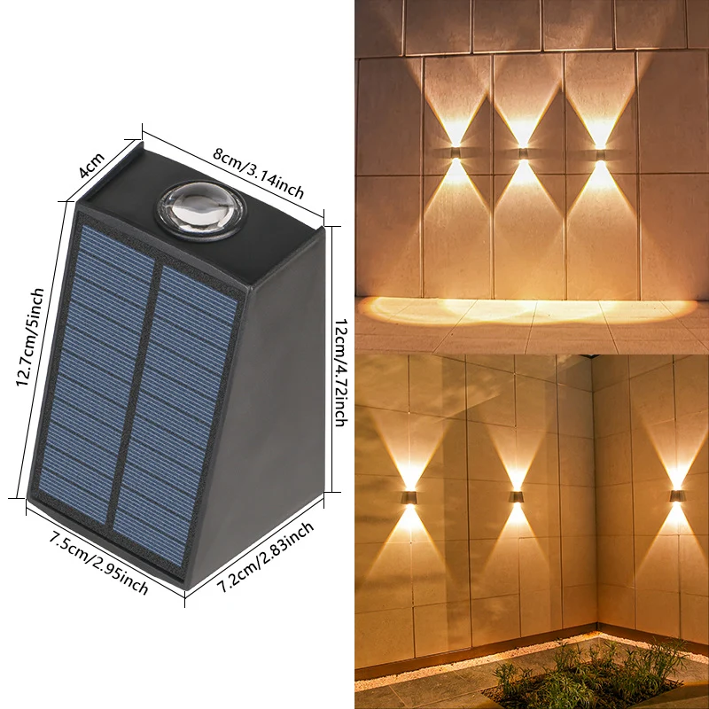 Skanto Abgewinkelte bidirektionale Solar-LED-Wandleuchte mit integriertem Photovoltaik-Panel und Prismenlinse Skanto