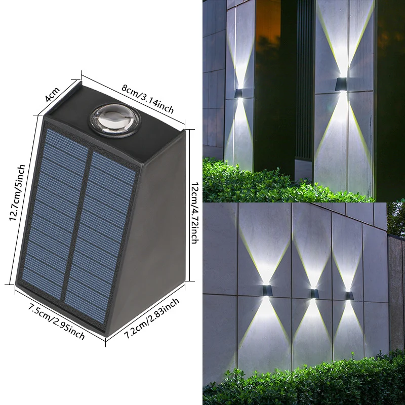 Skanto Abgewinkelte bidirektionale Solar-LED-Wandleuchte mit integriertem Photovoltaik-Panel und Prismenlinse Skanto