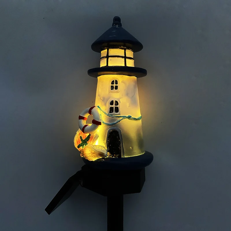 Skanto Harz-Leuchtturm-LED-Gartensteckerlampe mit integriertem Solarpanel und Rettungsring-Ornament Skanto