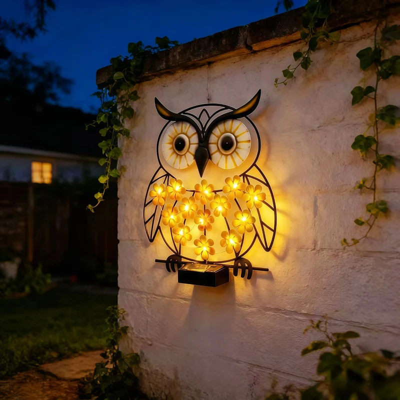 Skanto Metall-Eulen-Wandkunst mit Solar-LED-Blumenlichtern und Eisenrahmen