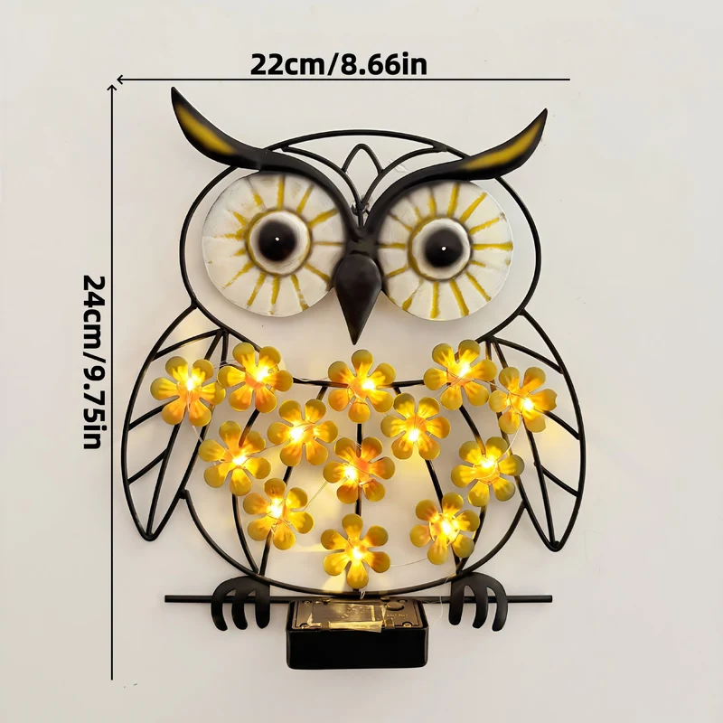 Skanto Metall-Eulen-Wandkunst mit Solar-LED-Blumenlichtern und Eisenrahmen