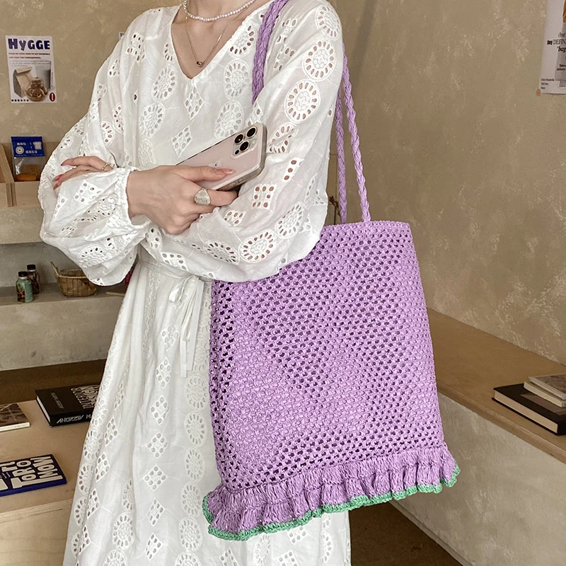 Handgefertigte Strohtasche mit Fransenrand Skanto