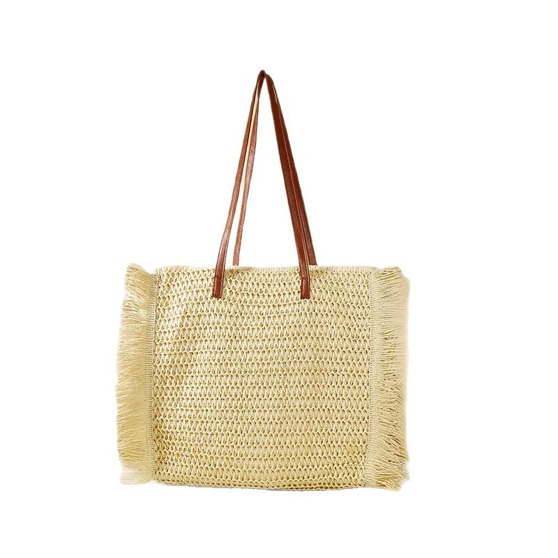 Große gewebte Strandtasche mit Fransen und Ledergriffen Skanto