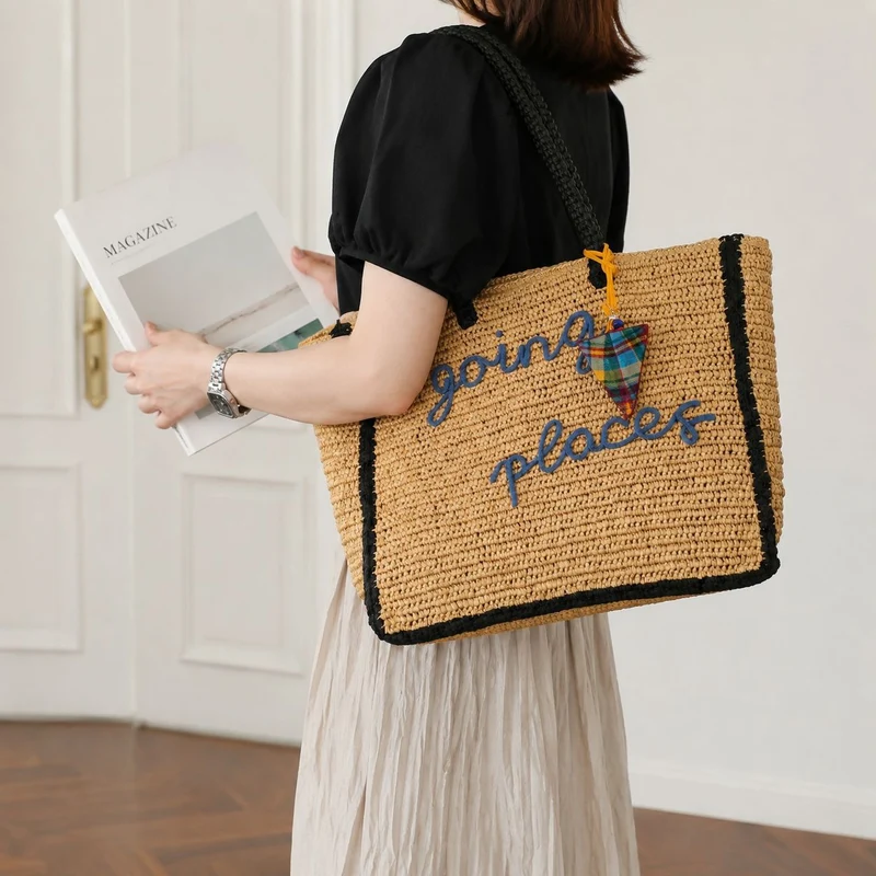 Stroh-Tote-Bag mit farbenfroher Applikation Skanto