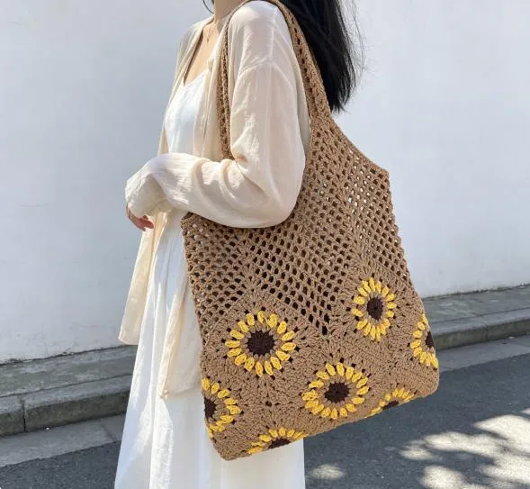 Handgeknüpfte Baumwolltasche mit Sonnenblumenmuster Skanto