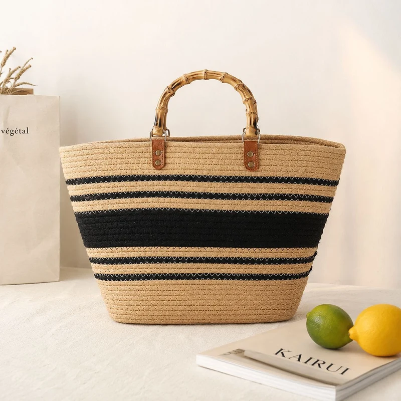 Strandtasche mit Bambusgriff und Streifen-Design Skanto