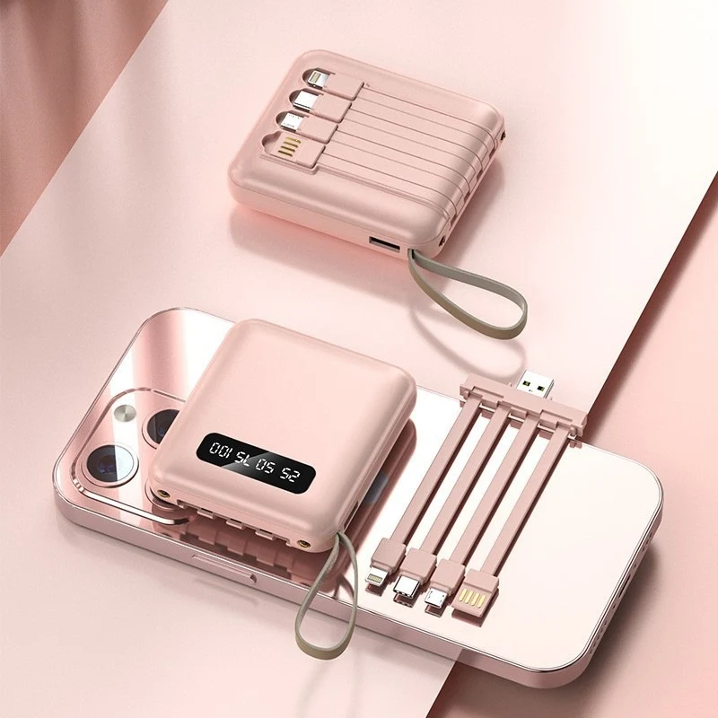 Kompakte Powerbank mit integriertem Ladekabel-System und Digitalanzeige Skanto