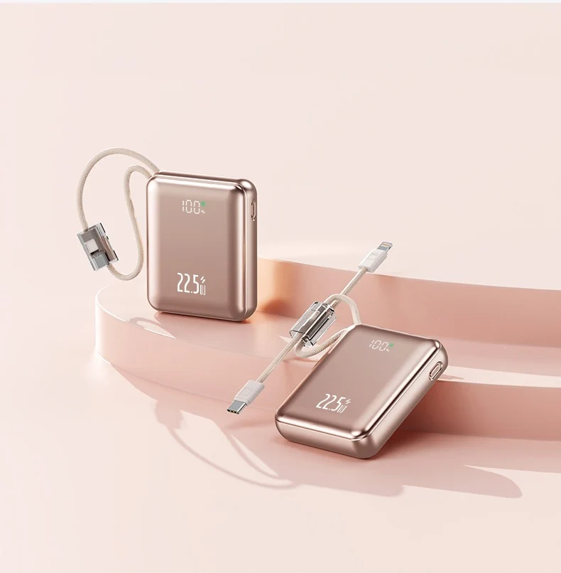 Kompakte Powerbank mit digitaler Leistungsanzeige und integriertem Ladekabel Skanto