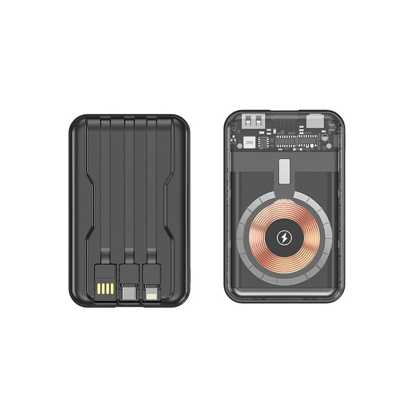 Tragbare Powerbank mit kabelloser Ladefunktion und integriertem Kabelsystem Skanto