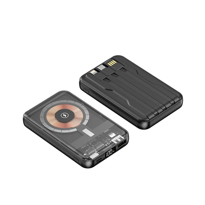 Tragbare Powerbank mit kabelloser Ladefunktion und integriertem Kabelsystem Skanto