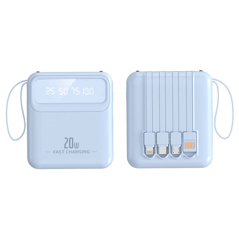 Tragbare Powerbank mit integrierten Ladekabeln und digitaler Kapazitätsanzeige Skanto