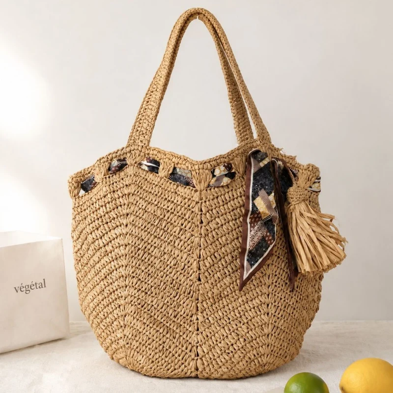 Handgefertigte Strandtasche mit verspielten Falten und Quaste Skanto