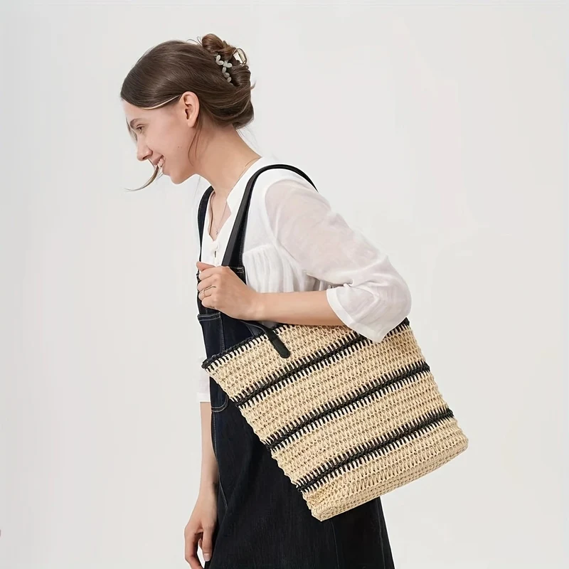 Elegante Bast-Henkeltasche mit Ledergriffen Skanto