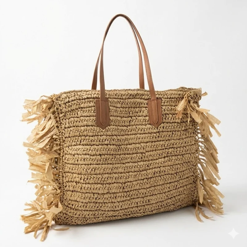 Strandtasche mit Fransen-Design und robusten Ledergriffen Skanto