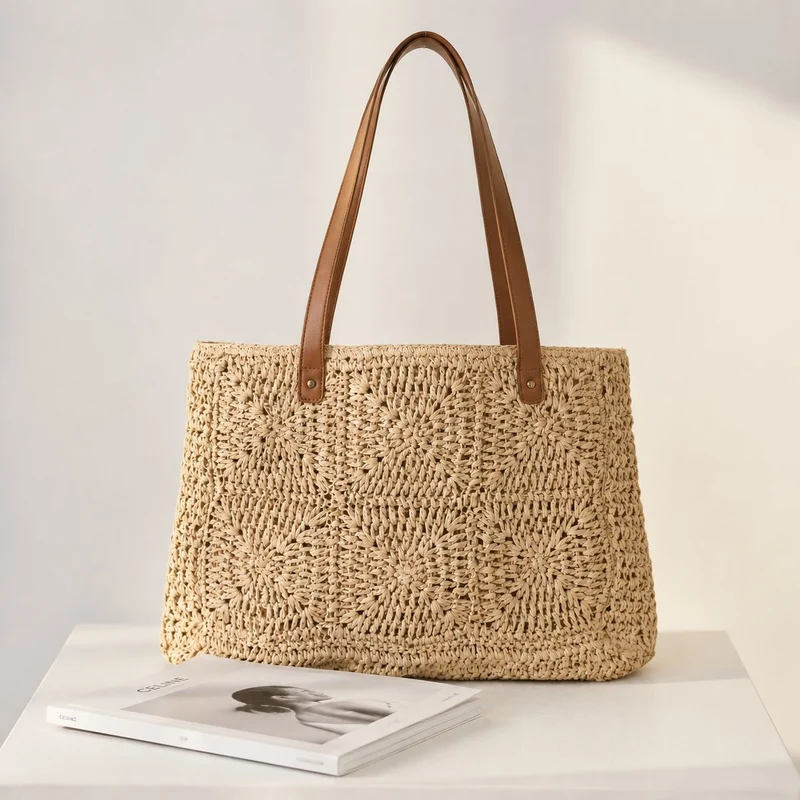 Natur-Bast-Shopper mit eleganten Ledergriffen Skanto
