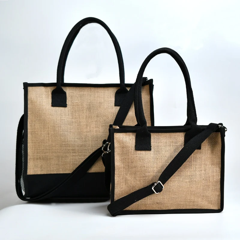 Geräumige Tragetasche aus robuster Jute mit seitlichen Netztaschen Skanto