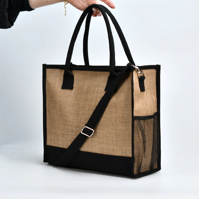 Geräumige Tragetasche aus robuster Jute mit seitlichen Netztaschen Skanto