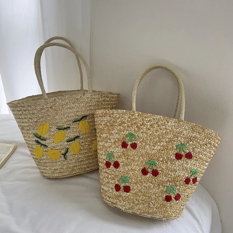 Handgemachte Strohtasche mit buntem Zitronenmotiv Skanto