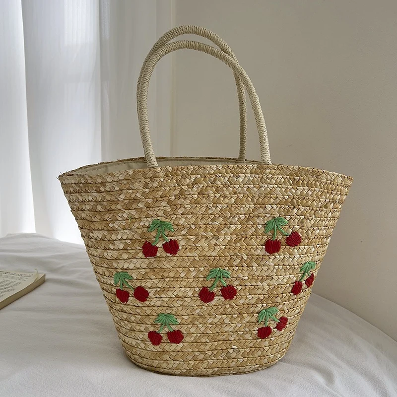 Handgemachte Strohtasche mit buntem Zitronenmotiv Skanto