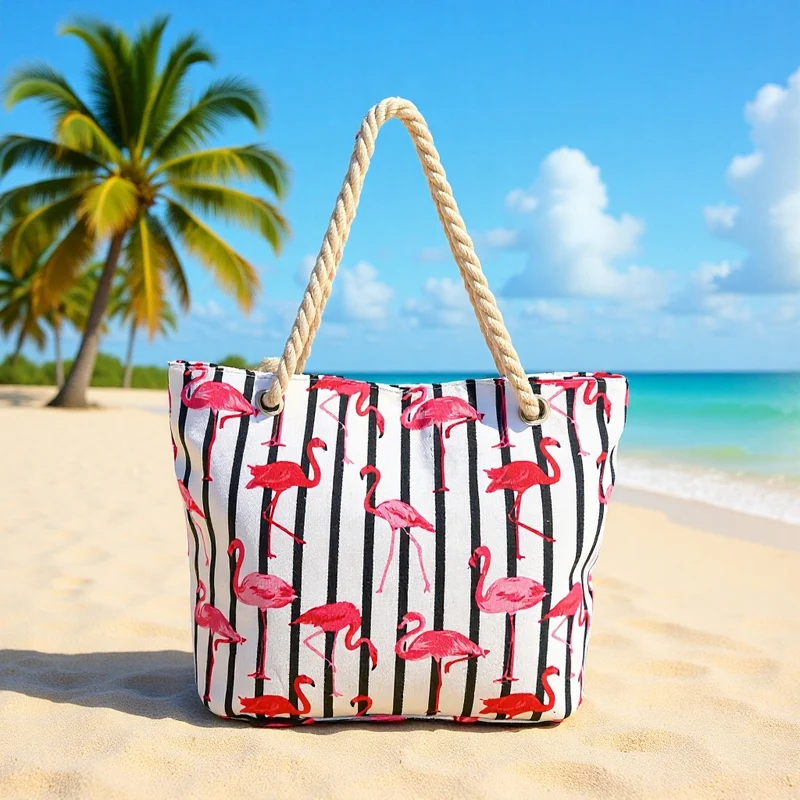Strandtasche mit Flamingo-Muster und robusten Seilgriffen Skanto