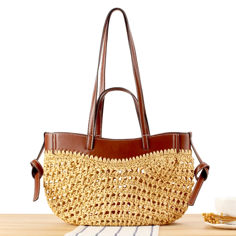 Geflochtene Bast-Handtasche mit eleganten Lederakzenten Skanto