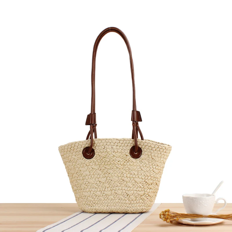 Handtasche aus Naturgeflecht mit Ledergriff Skanto