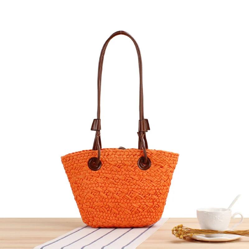 Handtasche aus Naturgeflecht mit Ledergriff Skanto