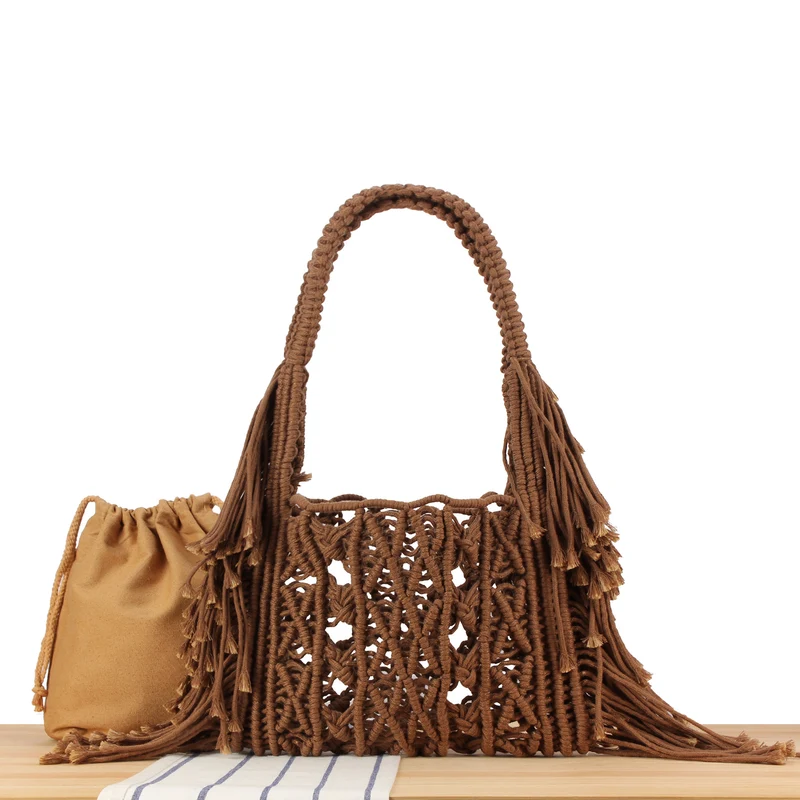 Makramee Schultertasche mit Fransen und Innentasche Skanto