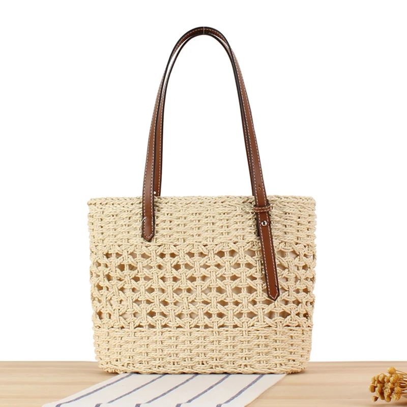 Handtasche aus handgewebtem Geflecht mit robusten Ledergriffen Skanto