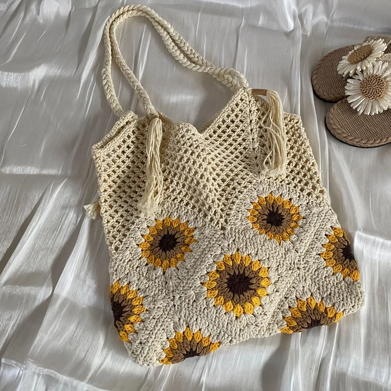 Makramee-Einkaufstasche mit Sonnenblumenmuster Skanto